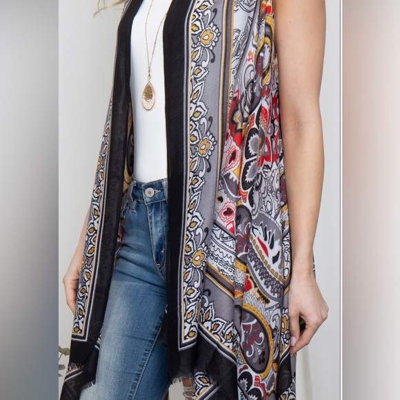 Linen Black Boho Paisley cardigan Bandana Print Longline Vest Size 10 12 14 - Picture 3 of 5